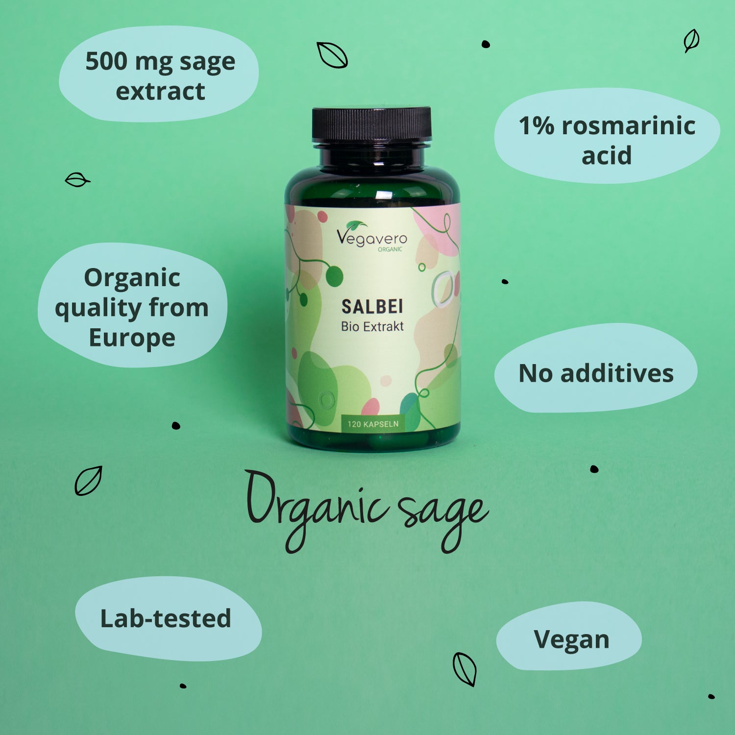Vegavera Salbei Bio Extract bottle on a green background with text highlighting product features.