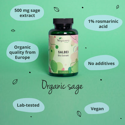 Vegavera Salbei Bio Extract bottle on a green background with text highlighting product features.