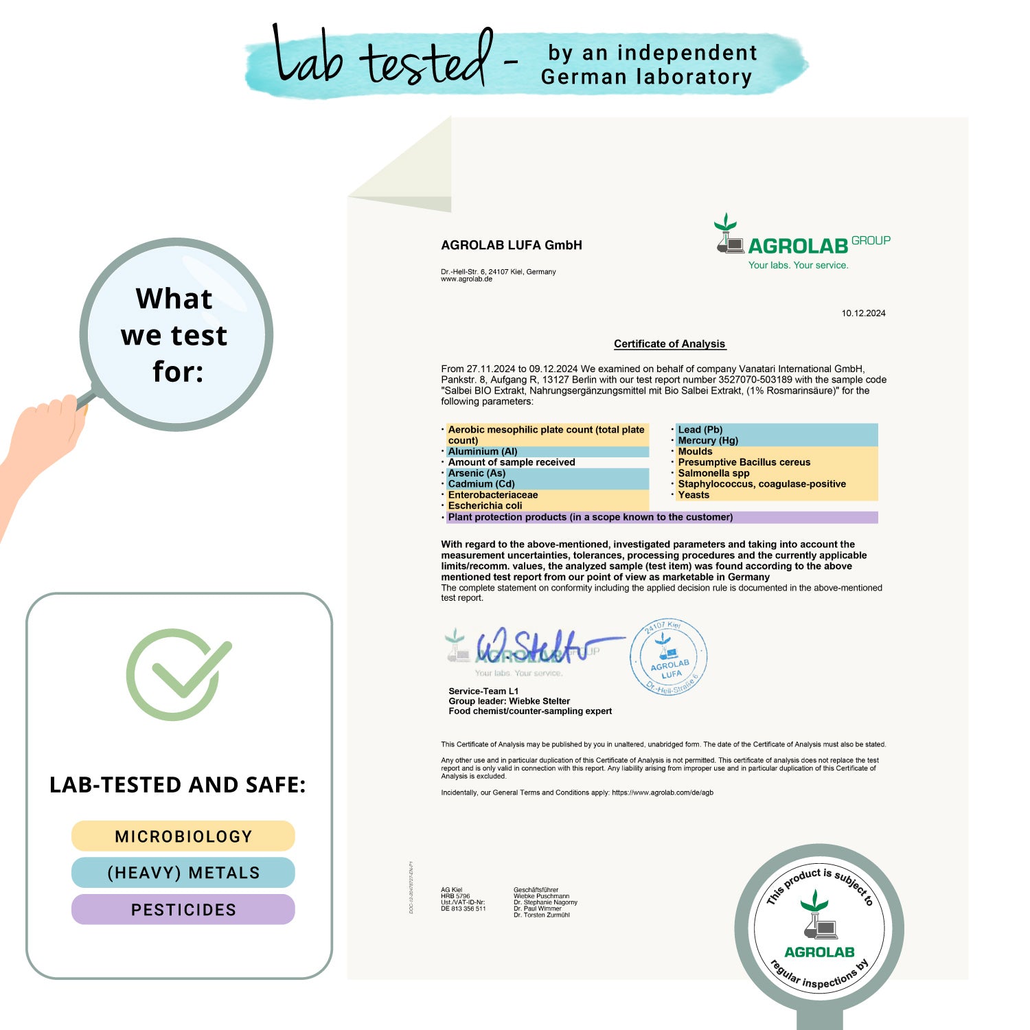 Lab test certificate with Agrolab branding and text about lab testing.