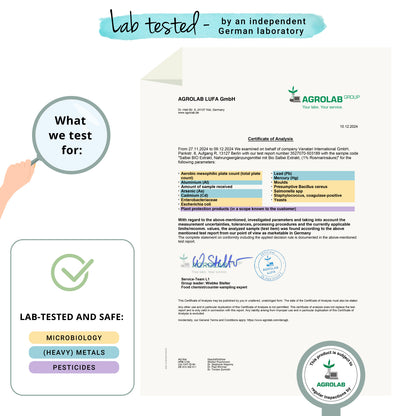 Lab test certificate with Agrolab branding and text about lab testing.